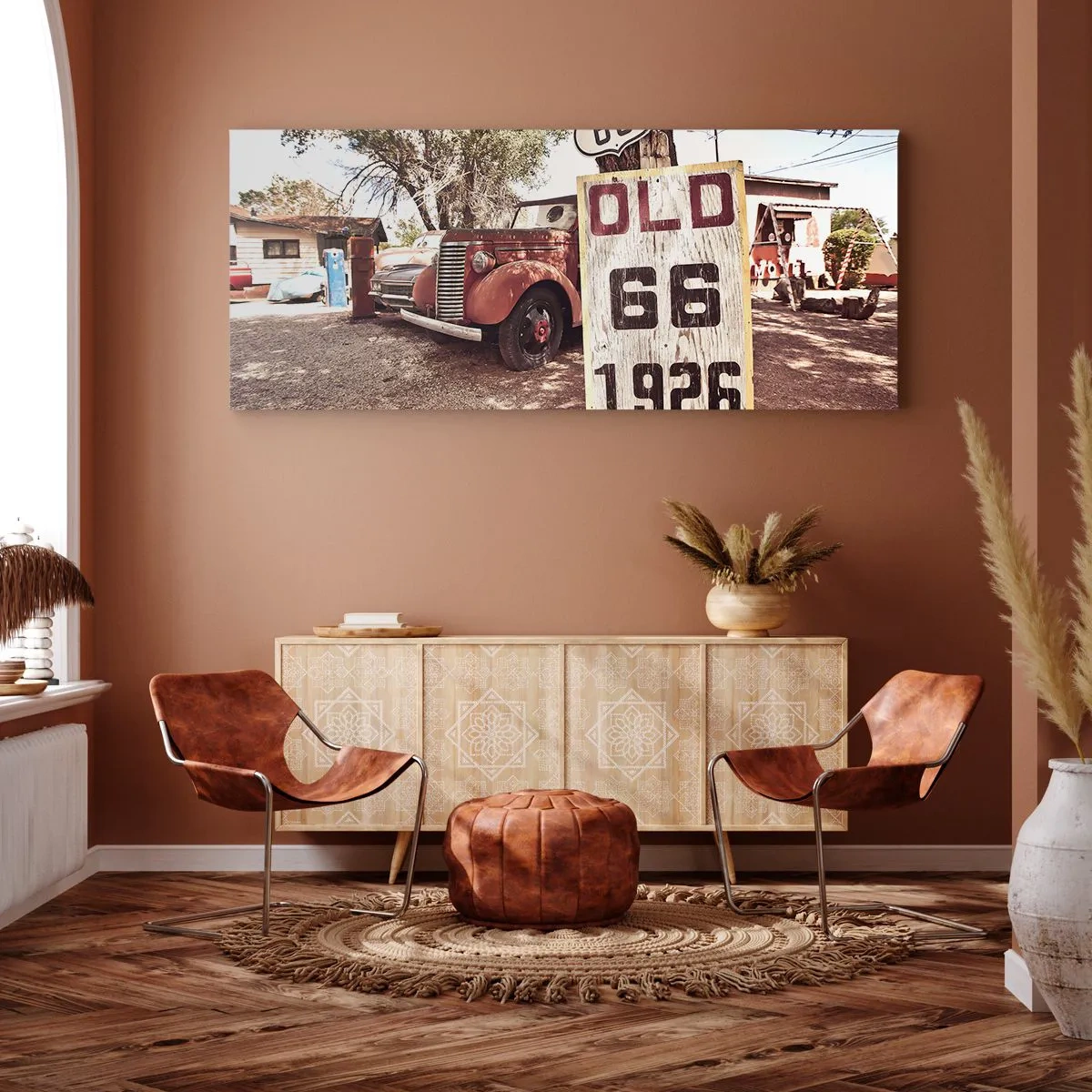Cuadro sobre lienzo - Impresión de Imagen - Coche retro y cartel de la Ruta 66 en un entorno rústico - 140x50cm - Una leyenda de la América profunda - Decoración de pared moderna para salón y dormitorio ARTTOR