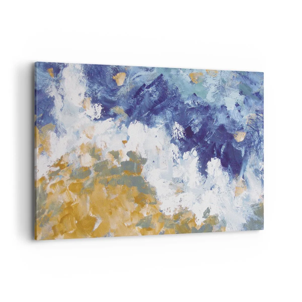 Cuadro sobre lienzo - Impresión de Imagen - Abstracción en tonos azules, blancos y dorados. - 100x70cm - Danza de los elementos - Decoración de pared moderna para salón y dormitorio ARTTOR