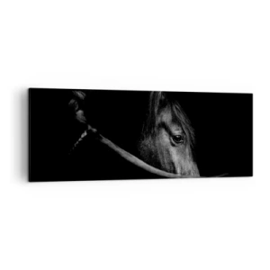 Cuadro sobre lienzo - Impresión de Imagen - Un retrato en blanco y negro de un caballo con un sutil juego de luces y sombras sobre un fondo oscuro. - 140x50cm - Príncipe negro - Decoración de pared moderna para salón y dormitorio ARTTOR
