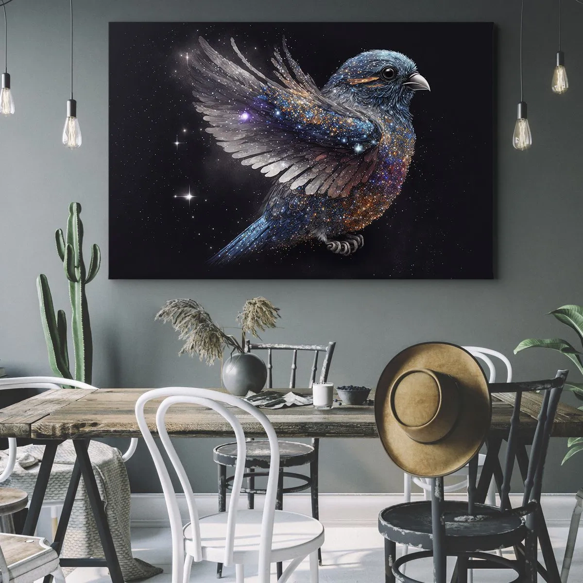 Cuadro sobre lienzo - Impresión de Imagen - Un gorrión de estilo espacial con brillo de diamante. - 70x50cm - Gorrión de diamante - Decoración de pared moderna para salón y dormitorio ARTTOR