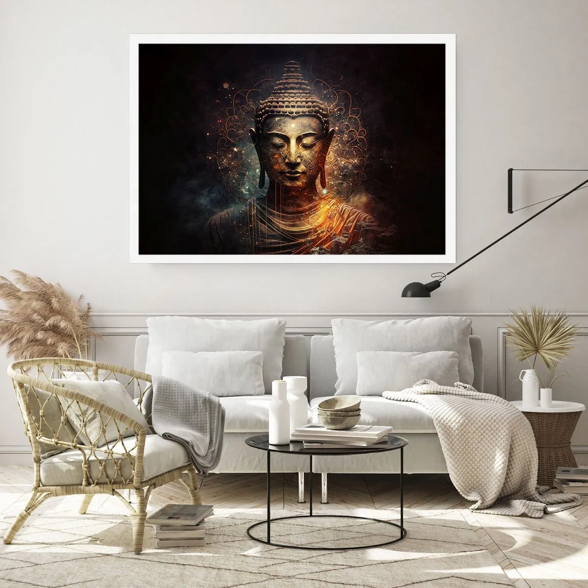 Póster - Buda dorado sobre un fondo oscuro con adornos. - 100x70cm - Equilibrio espiritual - Decoración de pared moderna para salón y dormitorio ARTTOR