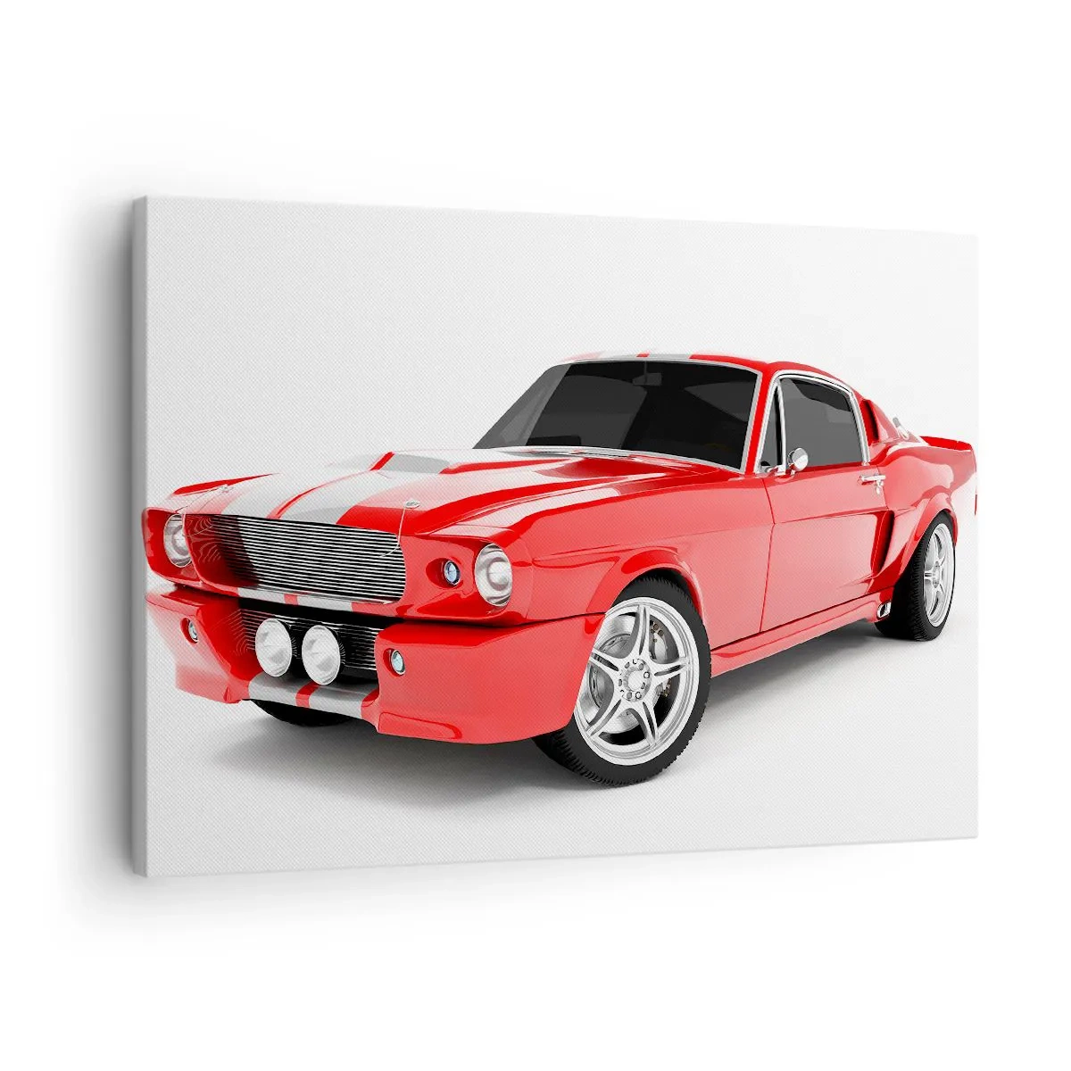 Cuadro sobre lienzo - Impresión de Imagen - Coche deportivo rojo con rayas blancas. - 70x50cm - Mustang veloz como el viento - Decoración de pared moderna para salón y dormitorio ARTTOR