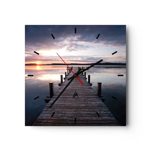 Reloj de pared - Reloj de vidrio - Un muelle en un lago al atardecer en un paisaje tranquilo. - 30x30cm - Frontera silenciosa del día y la noche - Decoración de pared moderna para salón y dormitorio ARTTOR