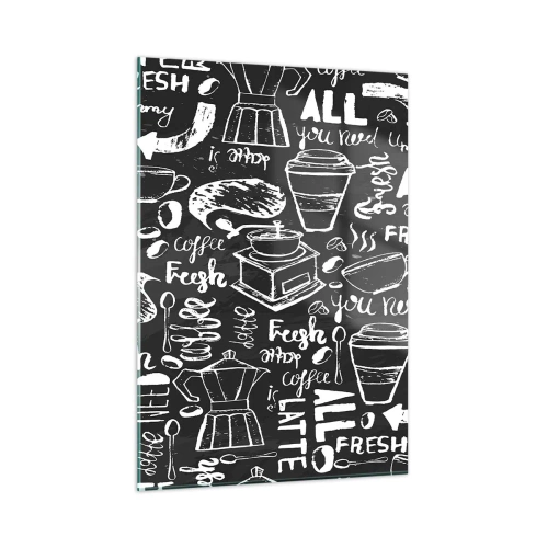 Cuadro sobre vidrio - Impresiones sobre Vidrio - Gráficos y letras de café sobre un fondo negro en estilo retro. - 50x70cm - All you need is… - Decoración de pared moderna para salón y dormitorio ARTTOR