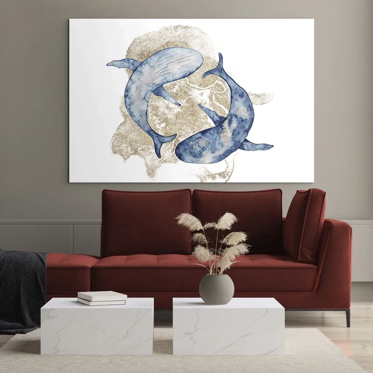 Cuadro sobre vidrio - Impresiones sobre Vidrio - Dos ballenas azules sobre un fondo de manchas doradas abstractas - 120x80cm - ¿Amistad o amor? - Decoración de pared moderna para salón y dormitorio ARTTOR