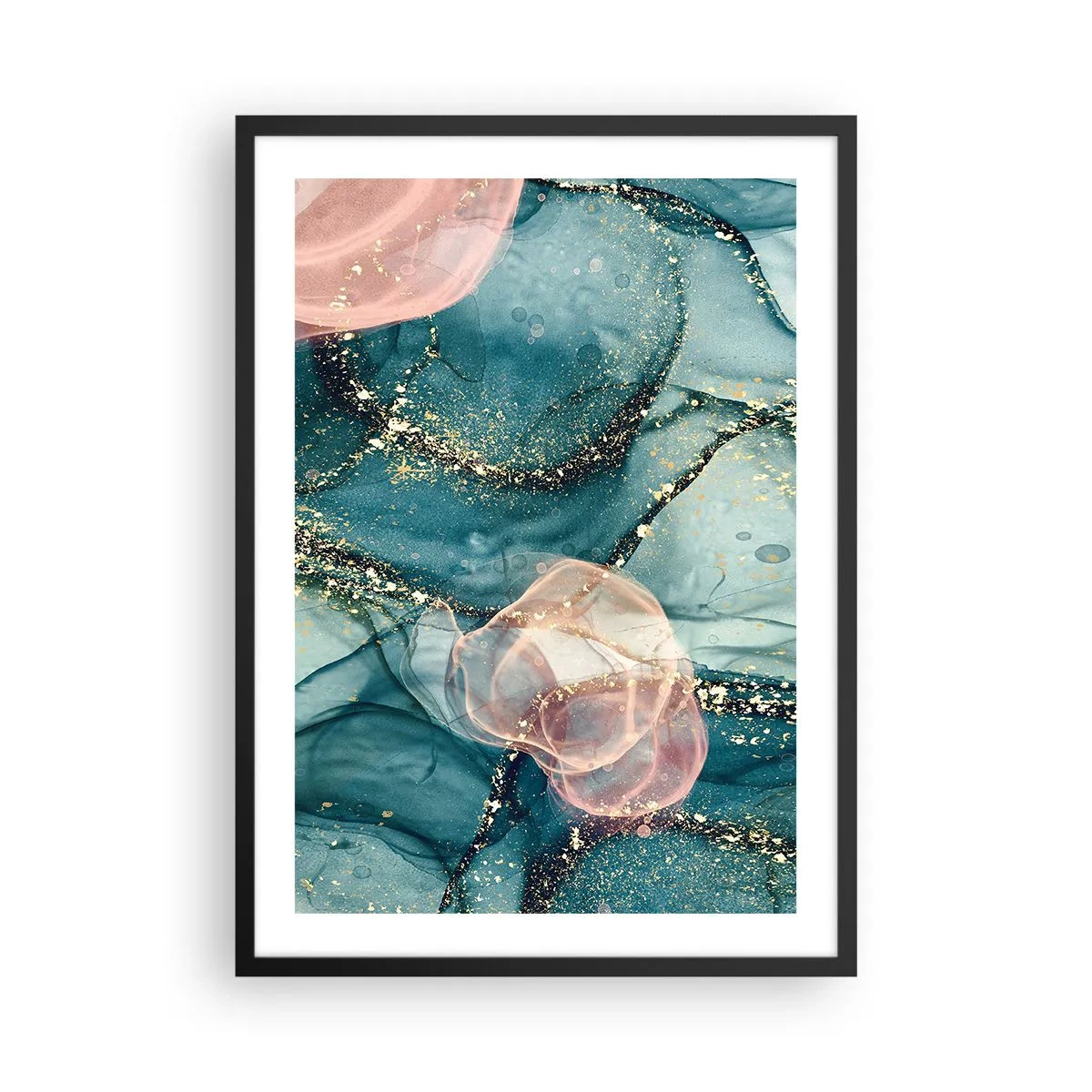 Póster en marco negro - Una composición abstracta en tonos turquesa y dorado. - 50x70cm - Seda azul, tul rosa - Decoración de pared moderna para salón y dormitorio ARTTOR
