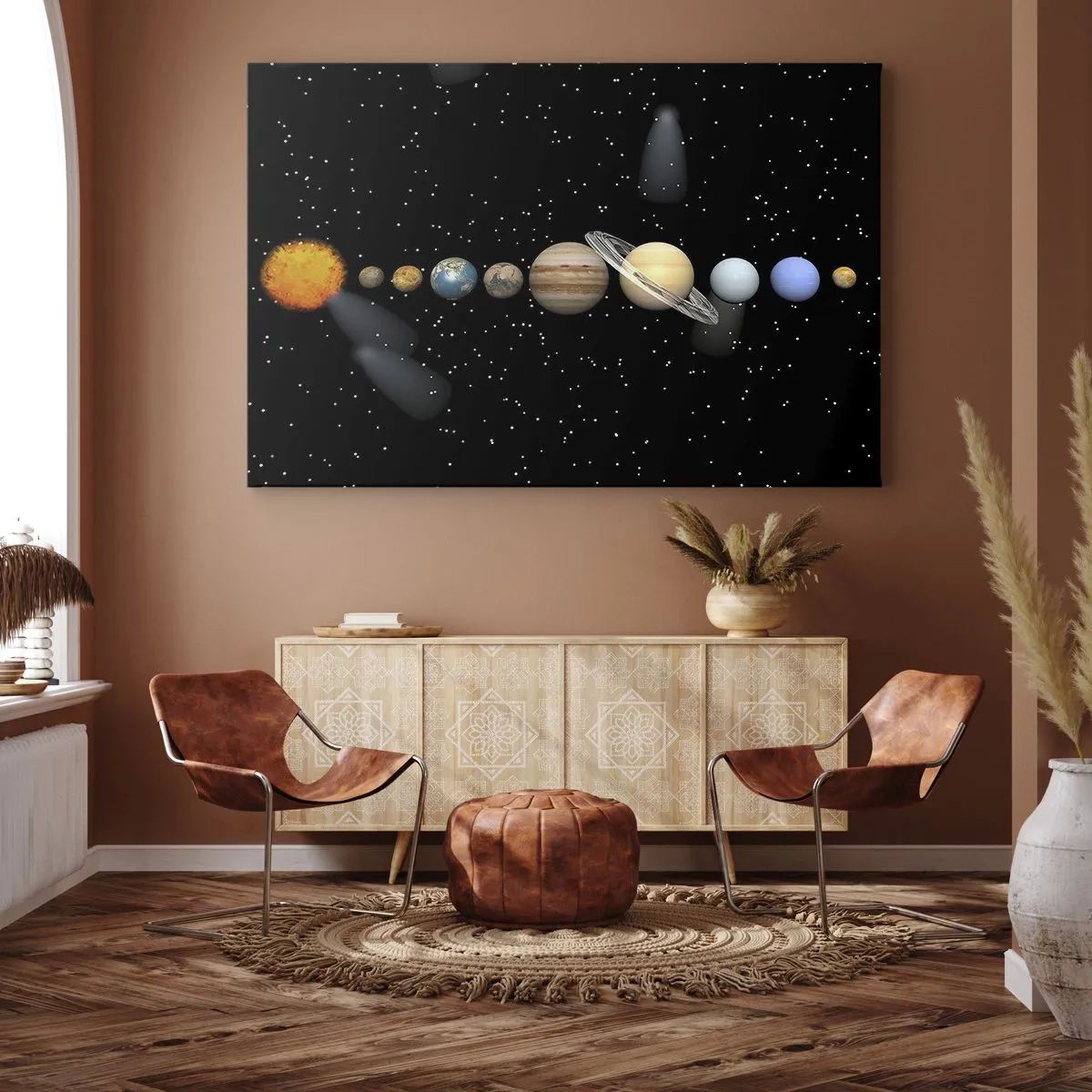 Cuadro sobre lienzo - Impresión de Imagen - El sistema solar con planetas sobre un fondo de estrellas en el espacio. - 70x50cm - Los planetas en armonía - Decoración de pared moderna para salón y dormitorio ARTTOR