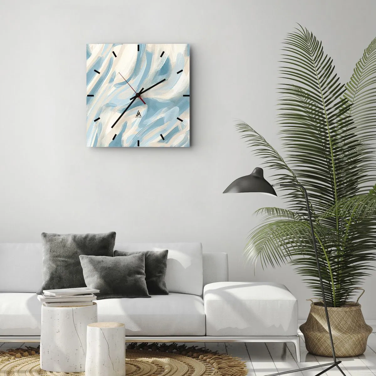 Reloj de pared - Reloj de vidrio - Rayas azules abstractas sobre un fondo claro - 30x30cm - Brisas primaverales - Decoración de pared moderna para salón y dormitorio ARTTOR