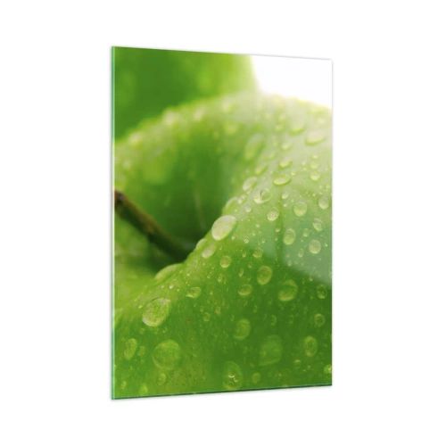 Cuadro sobre vidrio - Impresiones sobre Vidrio - Una manzana verde cubierta de gotas de agua. - 50x70cm - Frescor verde - Decoración de pared moderna para salón y dormitorio ARTTOR