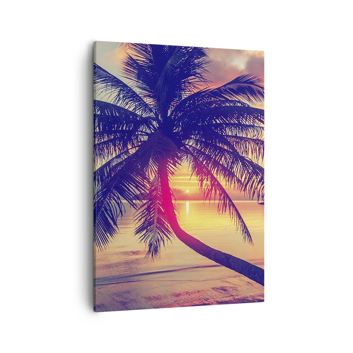 Cuadro sobre lienzo - Impresión de Imagen - Puesta de sol con una palmera sobre una orilla tranquila - 50x70cm - Atardecer bajo las palmeras - Decoración de pared moderna para salón y dormitorio ARTTOR