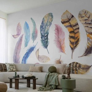 Fotomural Premium Canvas - Plumas de colores en un delicado estilo de acuarela. - 100x70cm - Ligero, colorido y multicolor - Decoración de pared moderna para salón y dormitorio ARTTOR