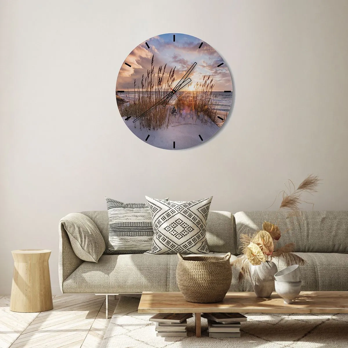 Reloj de pared - Reloj de vidrio - Puesta de sol sobre el mar con arena y hierba en las dunas. - 30x30cm - Adiós al sol y al viento - Decoración de pared moderna para salón, cocina y dormitorio ARTTOR