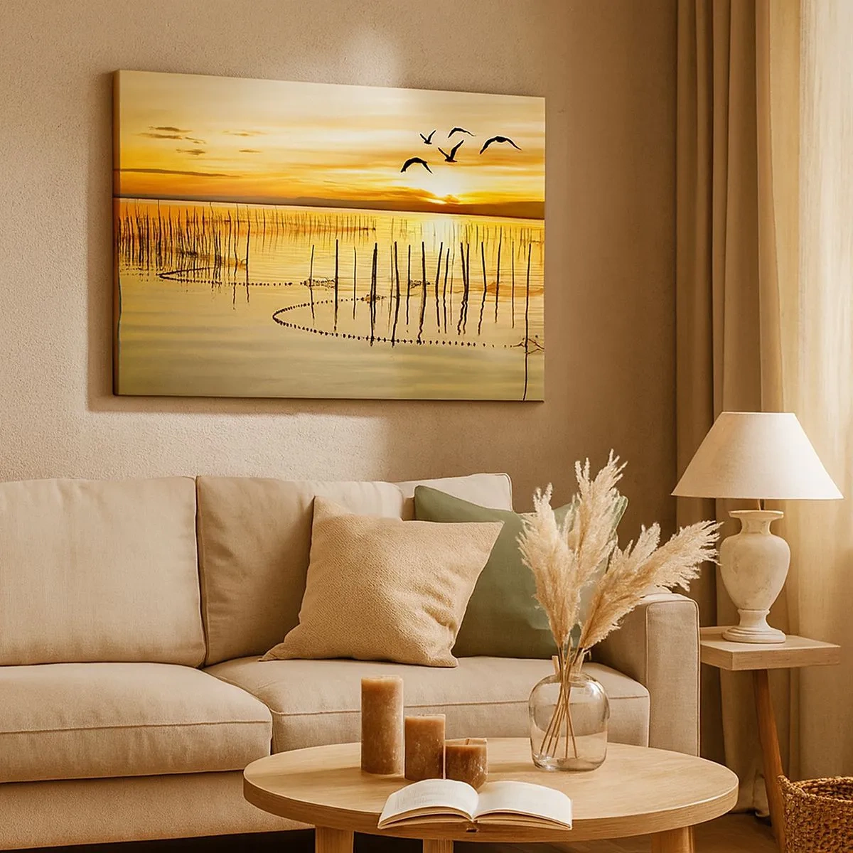 Cuadro sobre lienzo - Impresión de Imagen - Puesta de sol sobre el agua con pájaros en vuelo - 70x50cm - Horizonte naranja - Decoración de pared moderna para salón y dormitorio ARTTOR