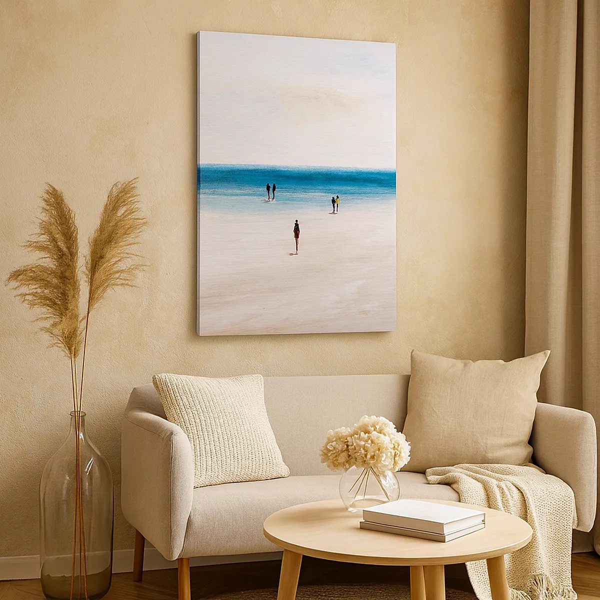Cuadro sobre lienzo - Impresión de Imagen - Una playa con gente con el mar en calma como telón de fondo. - 50x70cm - Necesidad natural - Decoración de pared moderna para salón y dormitorio ARTTOR