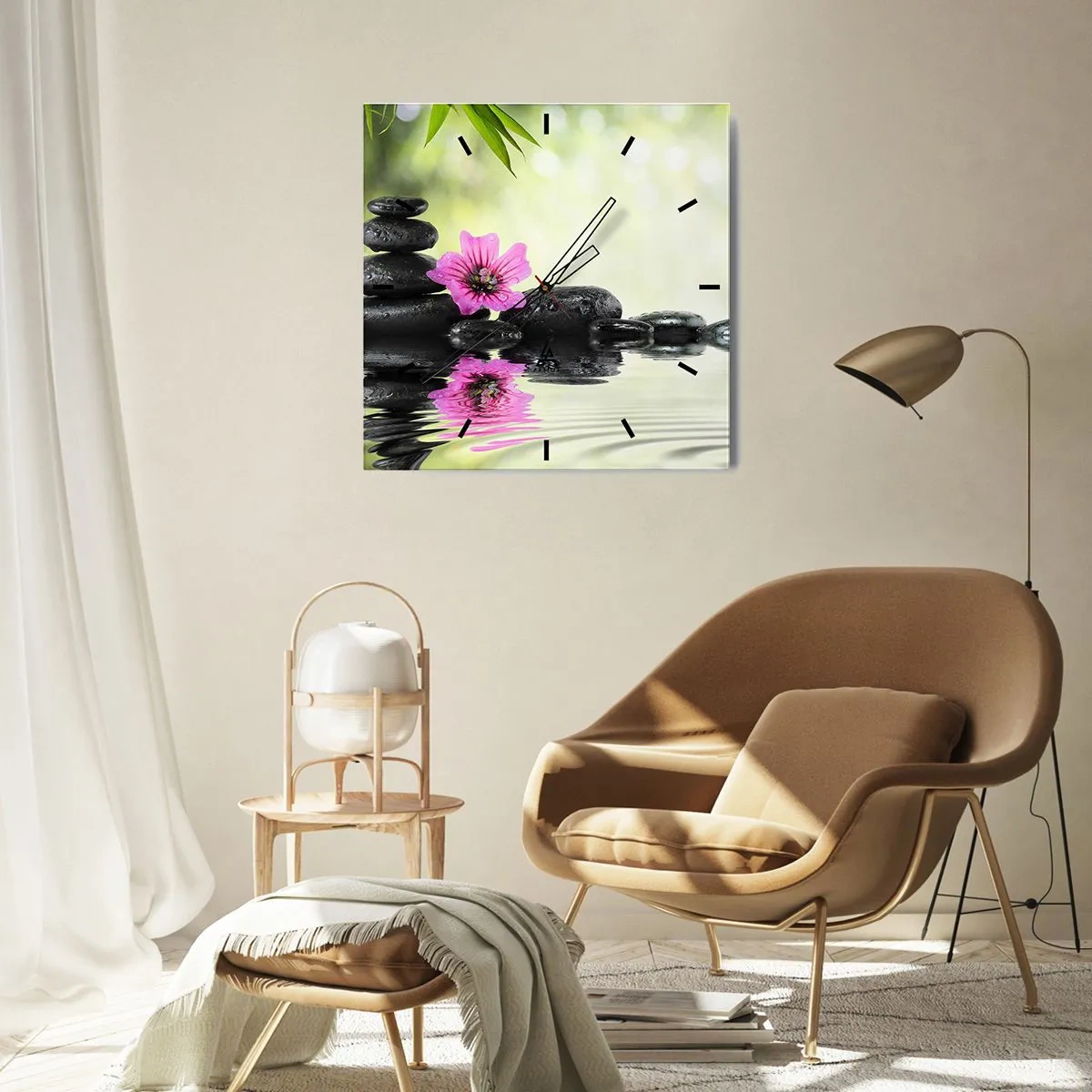 Reloj de pared - Reloj de vidrio - Piedras zen y una flor rosa reflejada en el agua. - 30x30cm - Tiempo para el alma - Decoración de pared moderna para salón y dormitorio ARTTOR