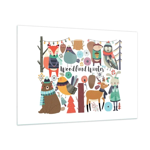 Cuadro sobre vidrio - Impresiones sobre Vidrio - Bosque invernal con lindos animales en la ilustración - 100x70cm - Una Navidad de cuento en el bosque - Decoración de pared moderna para salón y dormitorio ARTTOR