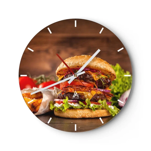 Reloj de pared - Reloj de vidrio - Hamburguesa jugosa con aderezos sobre un fondo de madera. - 30x30cm - Fruta prohibida - Decoración de pared moderna para salón, cocina y dormitorio ARTTOR