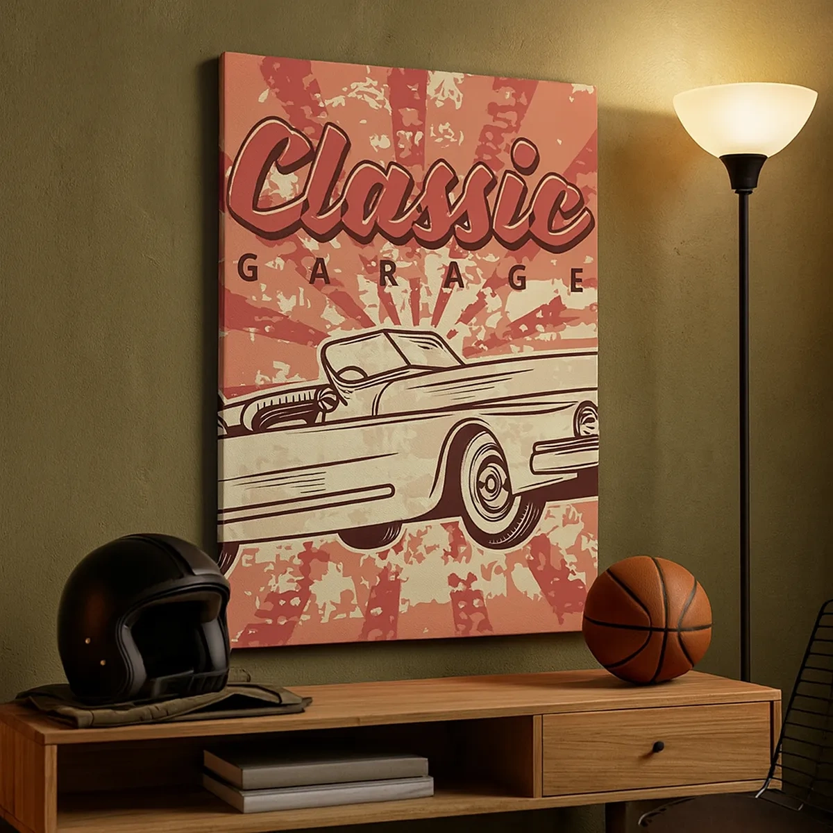 Cuadro sobre lienzo - Impresión de Imagen - Póster retro con un coche clásico y las palabras Classic Garage - 50x70cm - Y Elvis en la radio - Decoración de pared moderna para salón y dormitorio ARTTOR