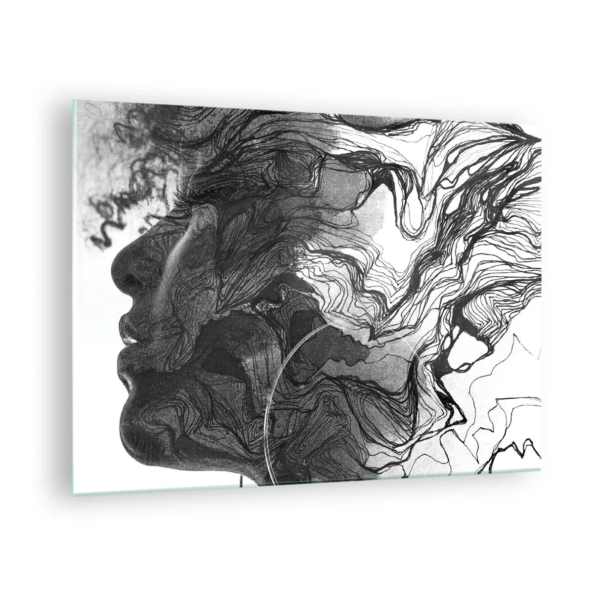 Cuadro sobre vidrio - Impresiones sobre Vidrio - Silueta en blanco y negro de una mujer con líneas abstractas. - 70x50cm - Enredada en sueños - Decoración de pared moderna para salón y dormitorio ARTTOR