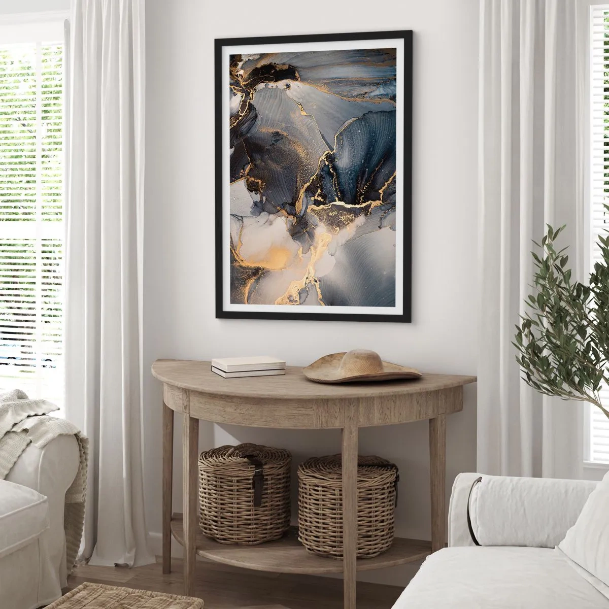 Póster en marco negro - Una composición abstracta en tonos oscuros con acentos dorados. - 50x70cm - La vida de una piedra - Decoración de pared moderna para salón y dormitorio ARTTOR