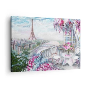 Cuadro sobre lienzo - Impresión de Imagen - Una vista romántica de París con la Torre Eiffel y un balcón lleno de flores. - 70x50cm - Mayo mágico en París - Decoración de pared moderna para salón y dormitorio ARTTOR