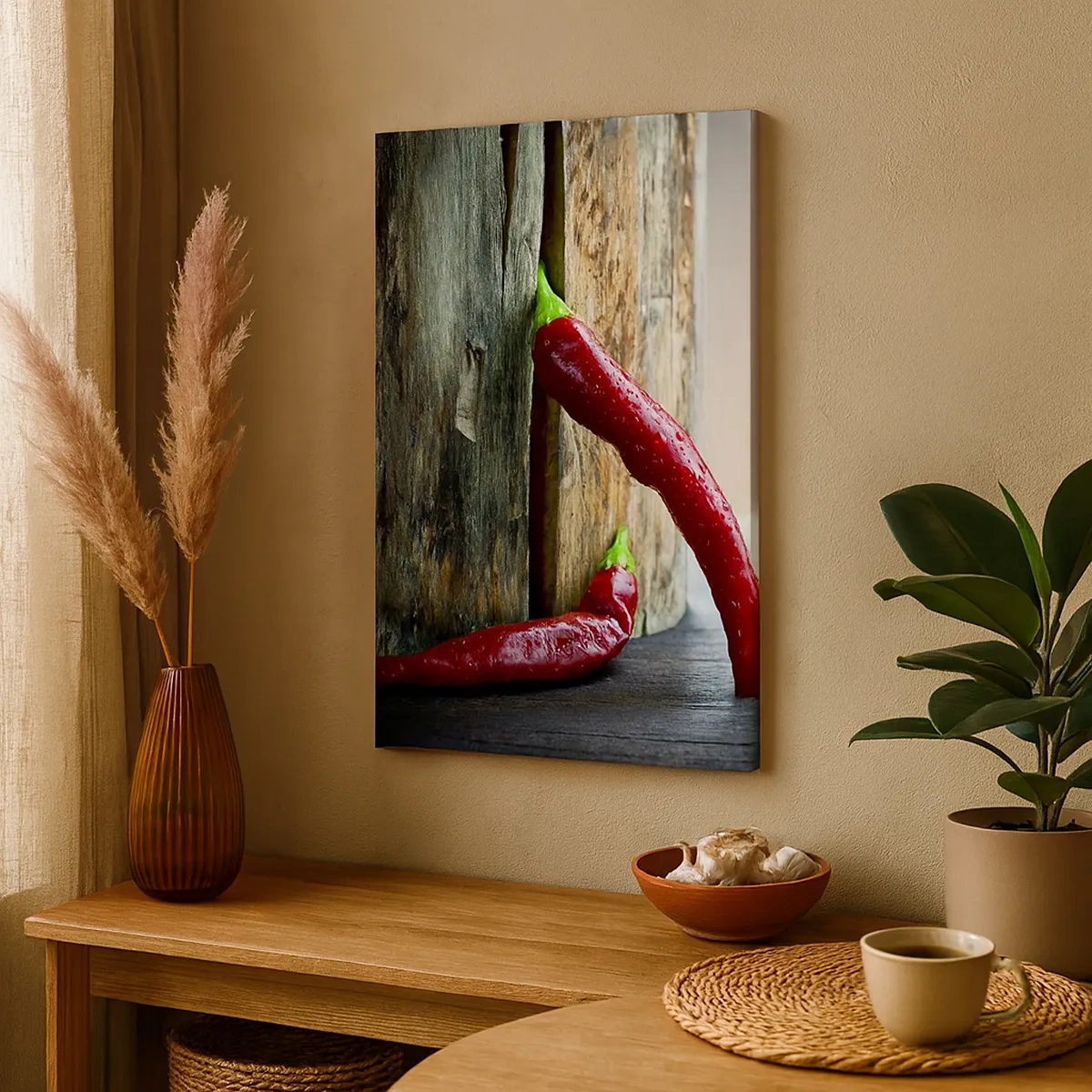 Cuadro sobre lienzo - Impresión de Imagen - Dos chiles rojos sobre un fondo de madera con acento rústico. - 50x70cm - Pimientos rojos picantes - Decoración de pared moderna para salón y dormitorio ARTTOR