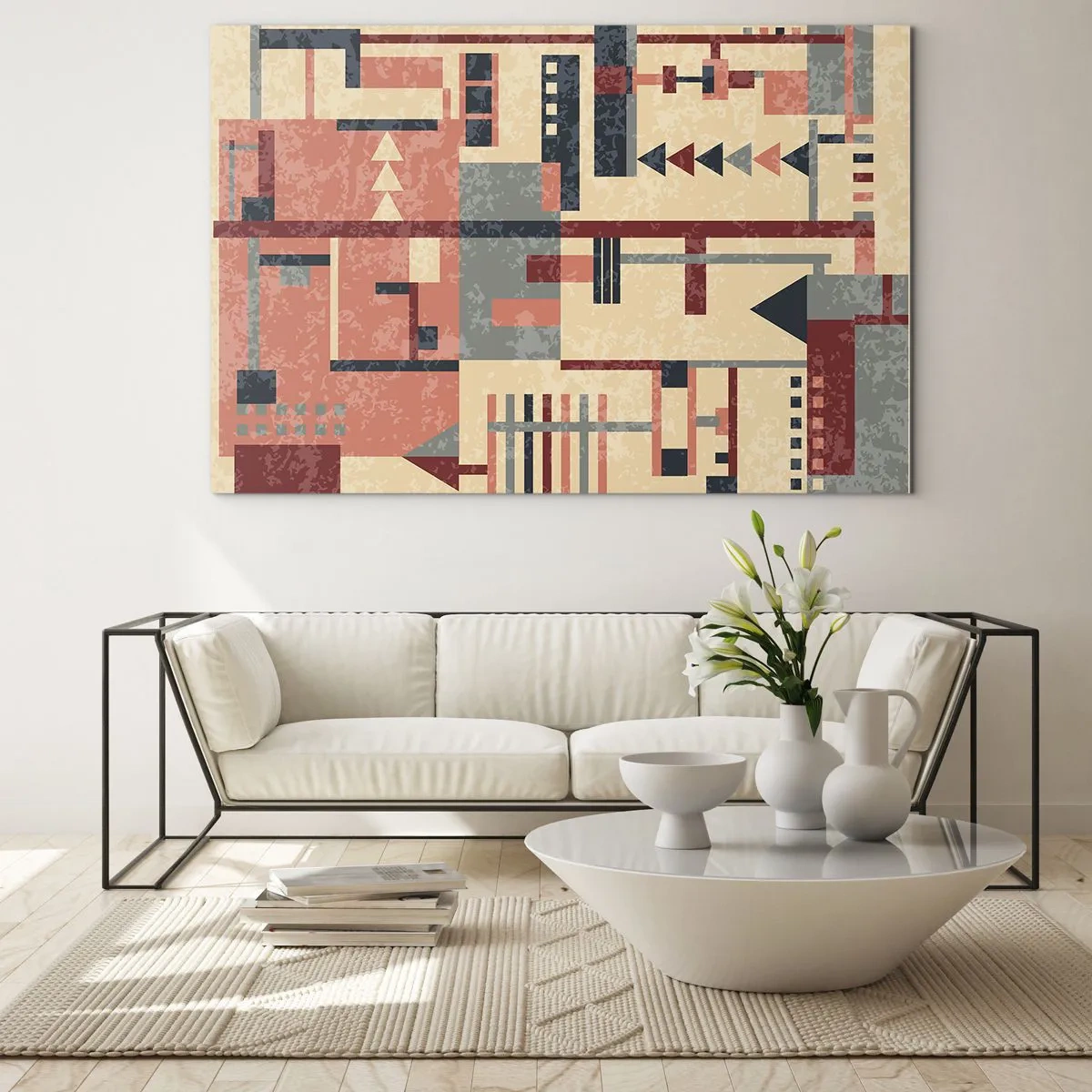 Cuadro sobre vidrio - Impresiones sobre Vidrio - Patrón geométrico abstracto en tonos beige y rojo. - 100x70cm - Una combinación de verticales y niveles - Decoración de pared moderna para salón y dormitorio ARTTOR