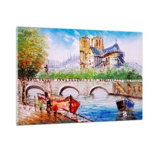 Cuadro sobre vidrio - Impresiones sobre Vidrio - Puente y barcos con la catedral histórica como telón de fondo - 120x80cm - Su tiempo nunca pasa - Decoración de pared moderna para salón y dormitorio ARTTOR
