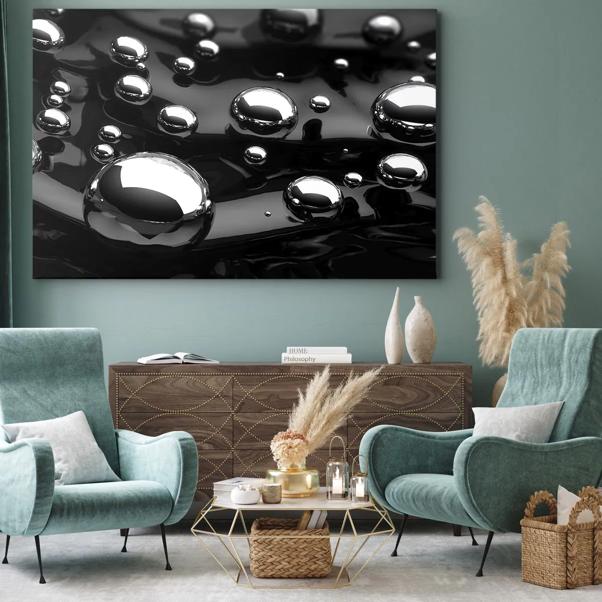 Cuadro sobre lienzo - Impresión de Imagen - Gotas abstractas sobre una superficie negra - 70x50cm - De las negras profundidades - Decoración de pared moderna para salón y dormitorio ARTTOR
