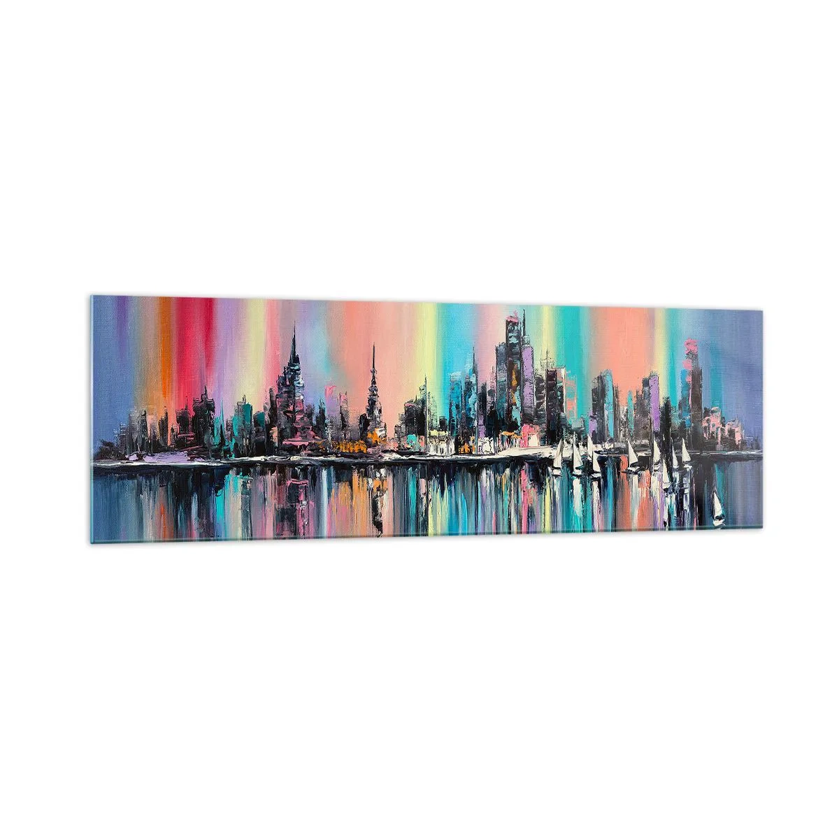 Cuadro sobre vidrio - Impresiones sobre Vidrio - Paisaje urbano colorido con reflejo en el agua - 160x50cm - Flota con la luz de la noche - Decoración de pared moderna para salón y dormitorio ARTTOR