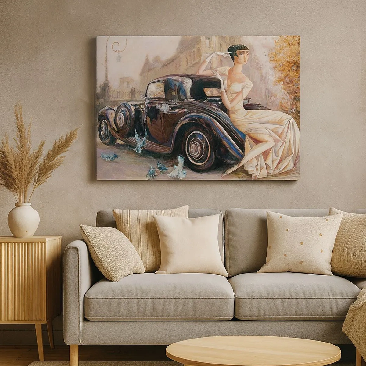 Cuadro sobre lienzo - Impresión de Imagen - Mujer retro junto a un coche clásico - 70x50cm - Elegancia retro - Decoración de pared moderna para salón y dormitorio ARTTOR
