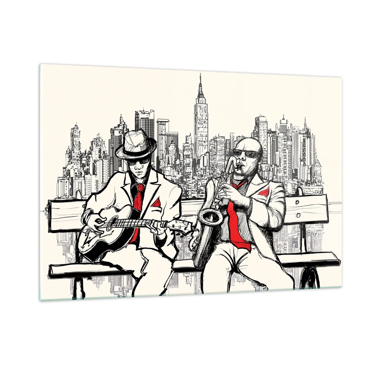 Cuadro sobre vidrio - Impresiones sobre Vidrio - Dos músicos de jazz tocando con el horizonte de la ciudad como telón de fondo. - 120x80cm - Improvisación en Nueva York - Decoración de pared moderna para salón y dormitorio ARTTOR