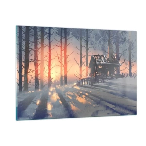 Cuadro sobre vidrio - Impresiones sobre Vidrio - Bosque invernal al atardecer con una cabaña al fondo - 120x80cm - Solo el sol es testigo - Decoración de pared moderna para salón y dormitorio ARTTOR