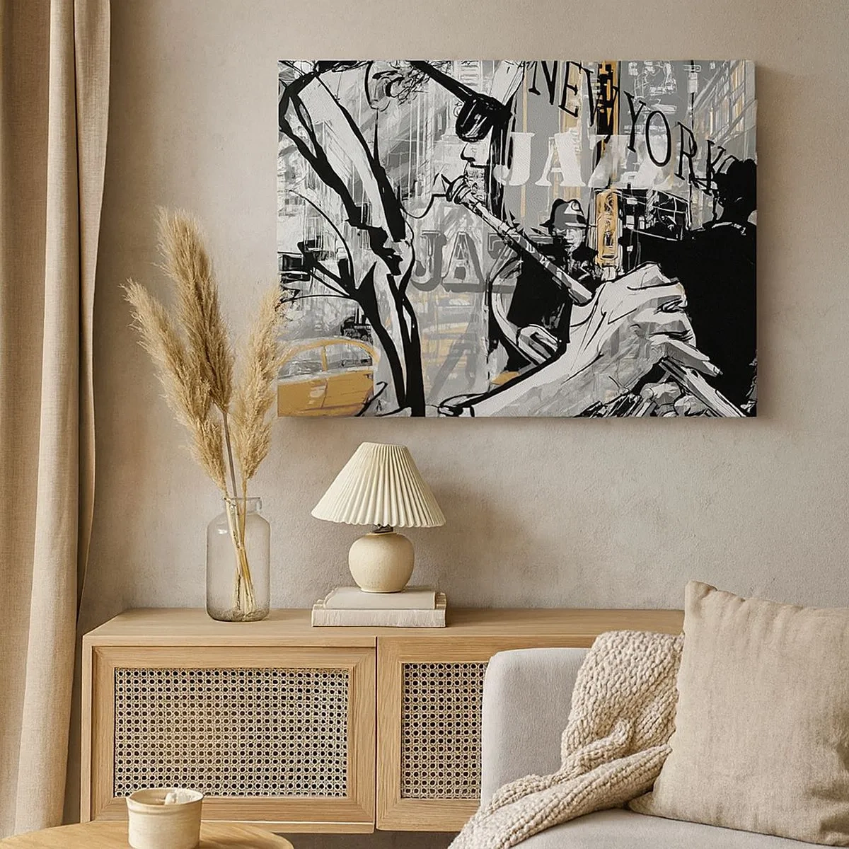 Cuadro sobre lienzo - Impresión de Imagen - Escena de jazz de Nueva York - 70x50cm - Al ritmo de Nueva York - Decoración de pared moderna para salón y dormitorio ARTTOR