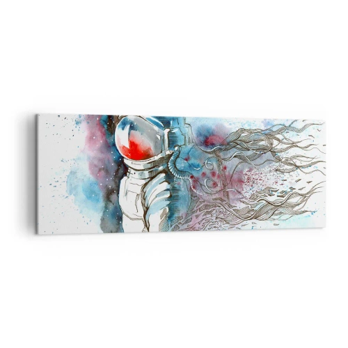 Cuadro sobre lienzo - Impresión de Imagen - Un cosmonauta en una acuarela dinámica con detalles cósmicos. - 140x50cm - A solas con el cosmos - Decoración de pared moderna para salón y dormitorio ARTTOR