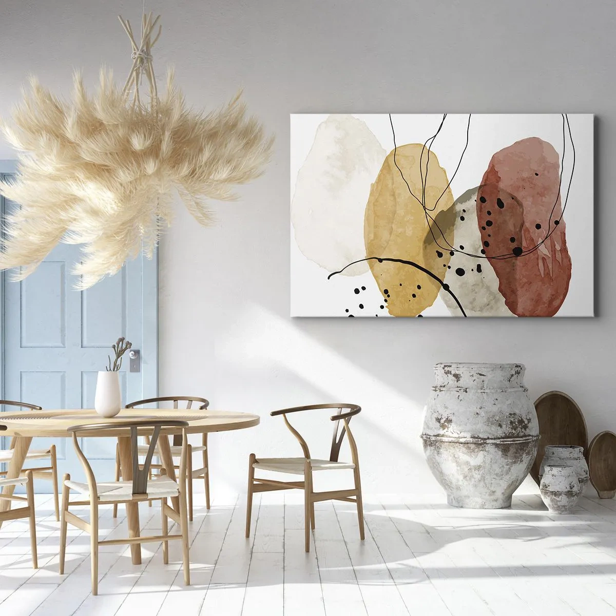 Cuadro sobre lienzo - Impresión de Imagen - Manchas abstractas en tonos beige, amarillo y rojo. - 70x50cm - Líneas y transparencias - Decoración de pared moderna para salón y dormitorio ARTTOR