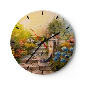 Reloj de pared - Reloj de vidrio - Un jardín con una fuente rodeada de flores y árboles de colores. - 30x30cm - En plena floración - Decoración de pared moderna para salón, cocina y dormitorio ARTTOR