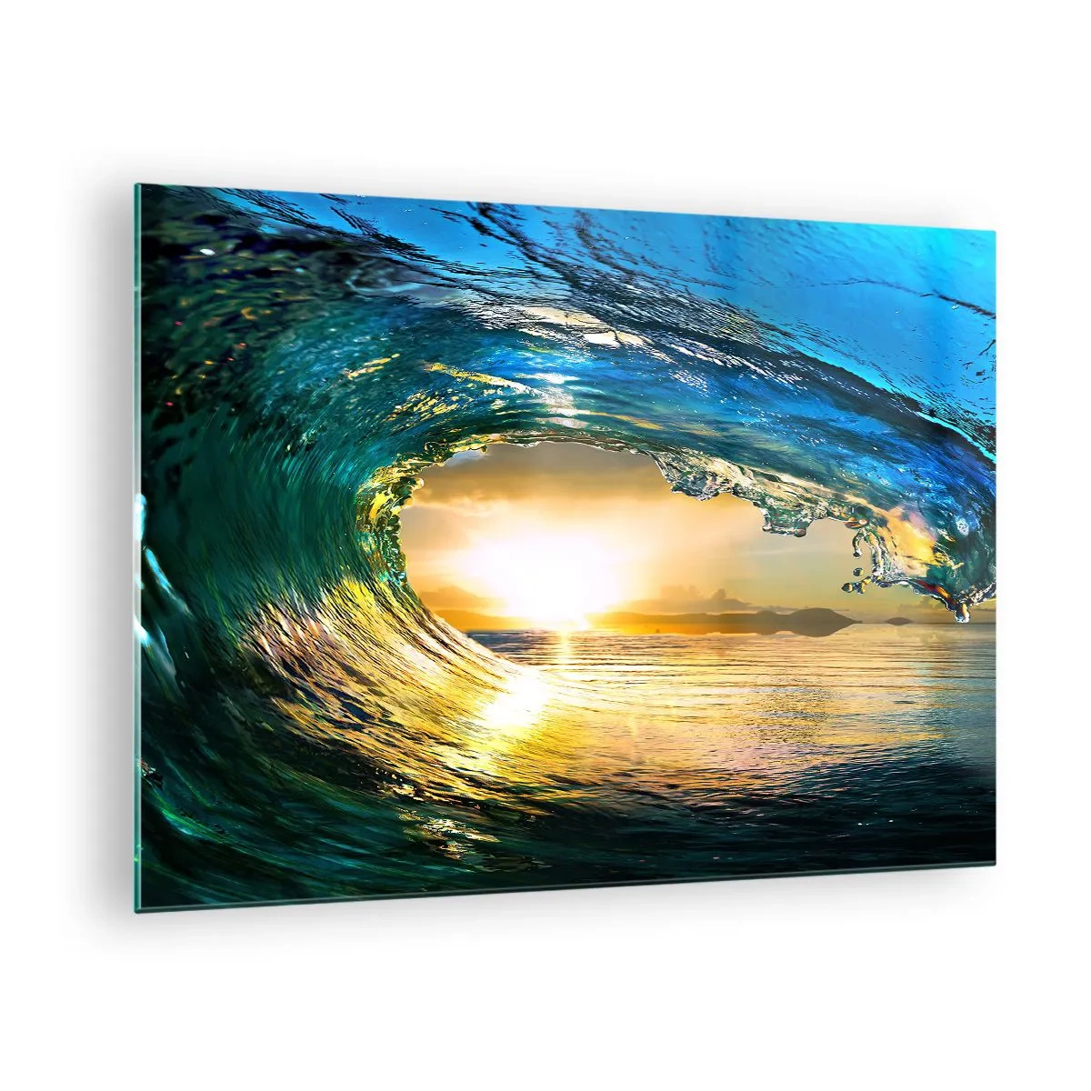 Cuadro sobre vidrio - Impresiones sobre Vidrio - Una ola del océano capturada a la luz del sol poniente. - 70x50cm - Ojo de esperanza - Decoración de pared moderna para salón y dormitorio ARTTOR