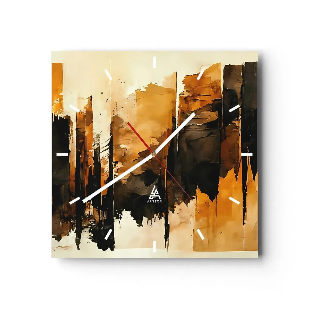 Reloj de pared - Reloj de vidrio - Rayas abstractas doradas y negras en una composición artística - 30x30cm - Armonía de negro y oro - Decoración de pared moderna para salón y dormitorio ARTTOR