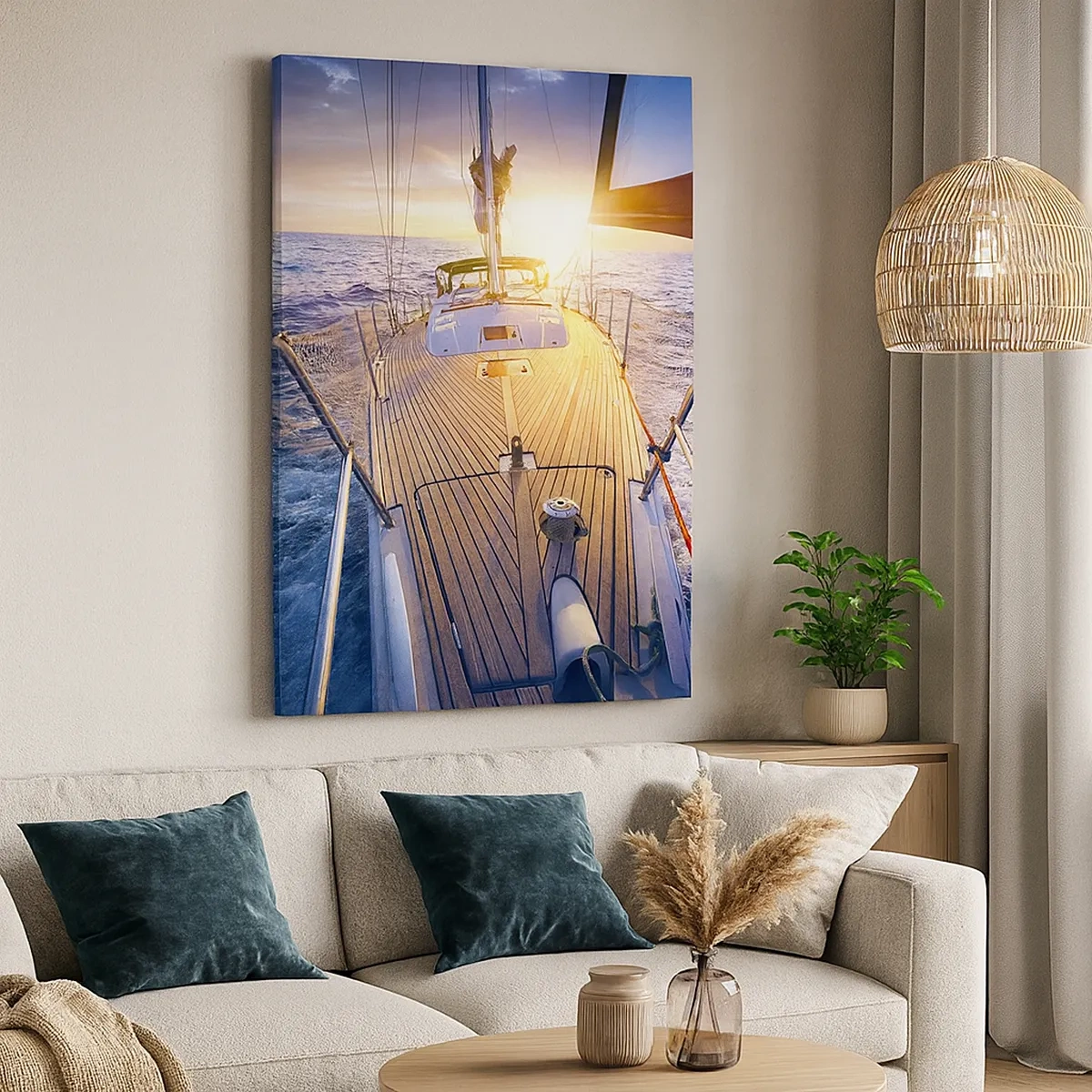 Cuadro sobre lienzo - Impresión de Imagen - Yate en el mar durante la puesta de sol - 50x70cm - Corriendo sobre las olas - Decoración de pared moderna para salón y dormitorio ARTTOR