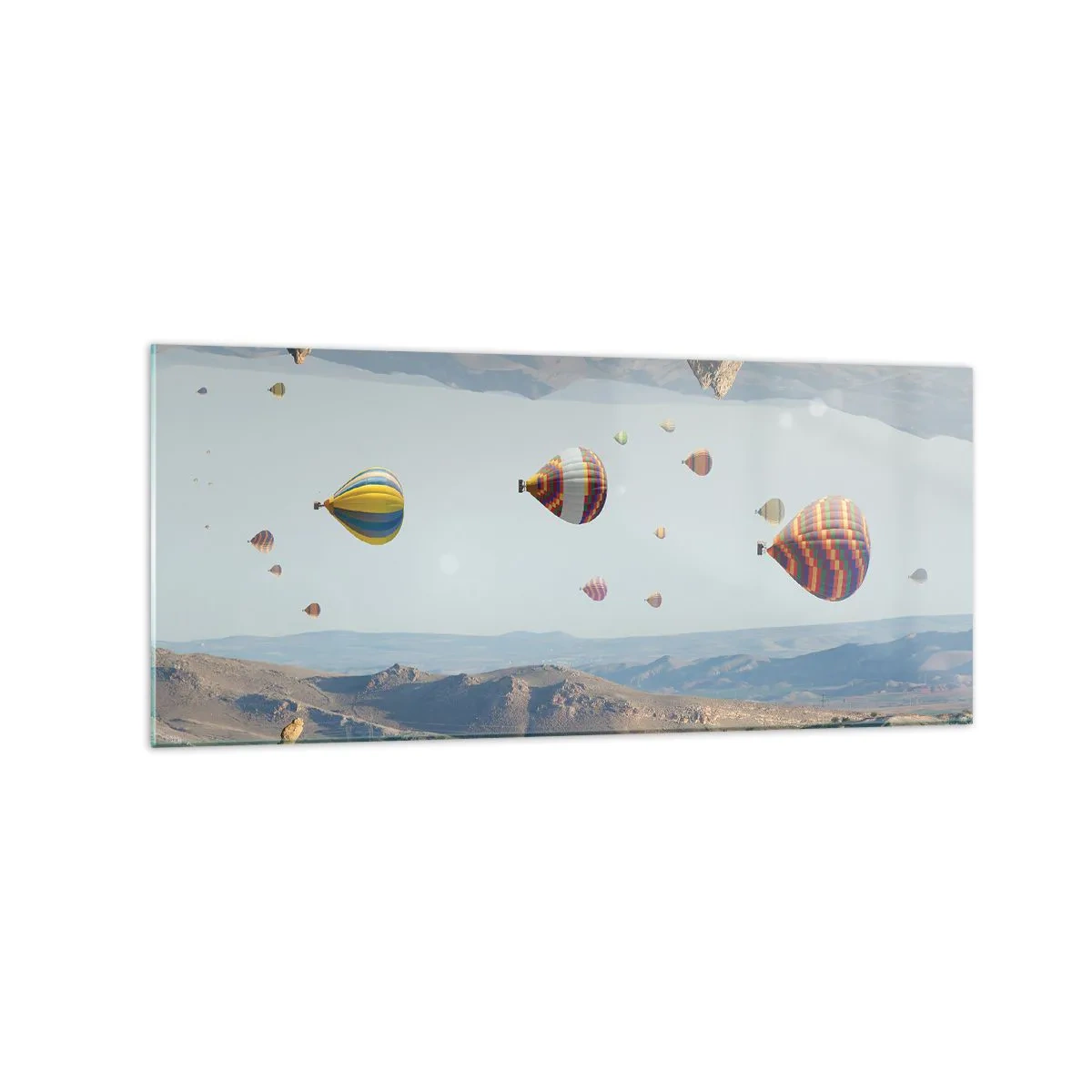 Cuadro sobre vidrio - Impresiones sobre Vidrio - Globos de colores sobre un paisaje rocoso. - 120x50cm - Aquí todo es posible - Decoración de pared moderna para salón y dormitorio ARTTOR