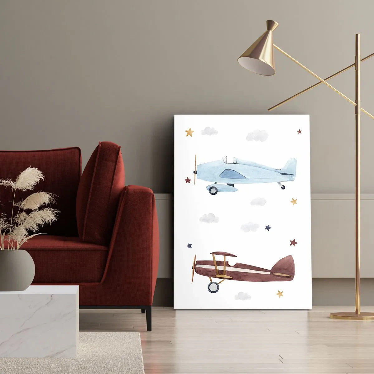 Cuadro sobre lienzo - Impresión de Imagen - Aviones pintados a mano sobre un fondo de nubes y estrellas. - 50x70cm - ¡Piloto, estamos esperando! - Decoración de pared moderna para salón y dormitorio ARTTOR