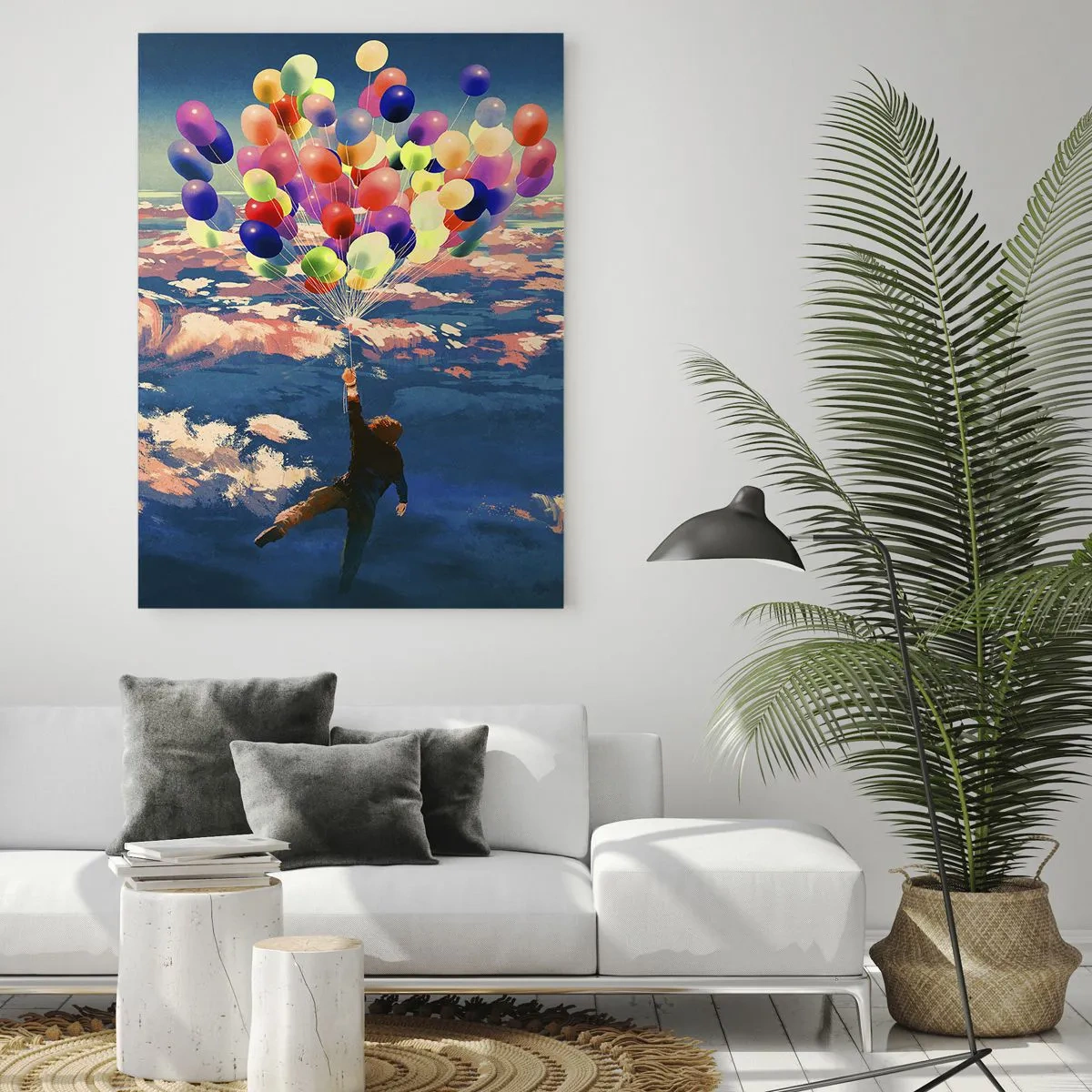 Cuadro sobre vidrio - Impresiones sobre Vidrio - Una figura flotando sobre las nubes con globos de colores. - 80x120cm - Un sueño de infancia hecho realidad - Decoración de pared moderna para salón y dormitorio ARTTOR