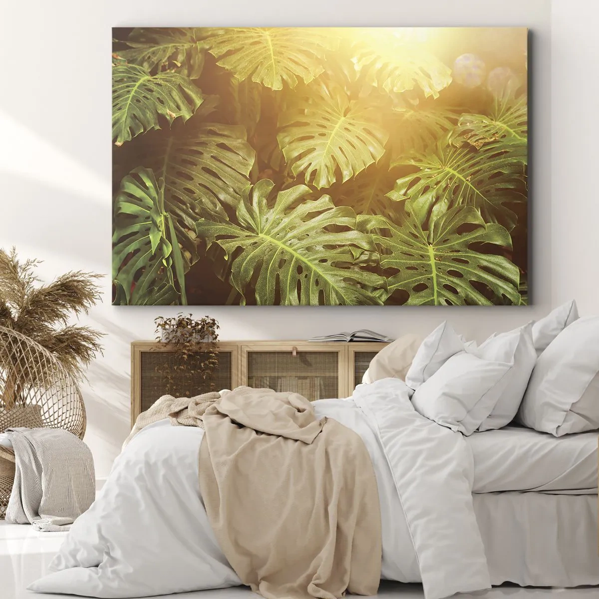Cuadro sobre lienzo - Impresión de Imagen - Hojas de monstera a la luz del sol sobre un fondo natural. - 100x70cm - Hacia el verdor... - Decoración de pared moderna para salón y dormitorio ARTTOR
