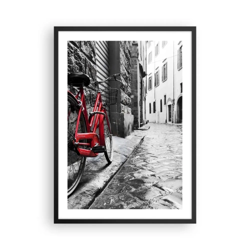 Póster en marco negro - Una bicicleta roja en una calle adoquinada blanca y negra - 50x70cm - La verdadera belleza no envejece - Decoración de pared moderna para salón y dormitorio ARTTOR