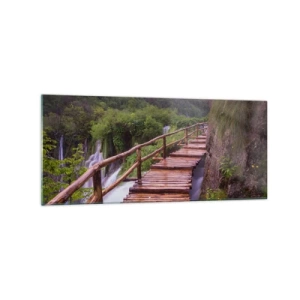 Cuadro sobre vidrio - Impresiones sobre Vidrio - Un puente con vistas a las cataratas al atardecer. - 120x50cm - Una belleza inimaginable - Decoración de pared moderna para salón y dormitorio ARTTOR