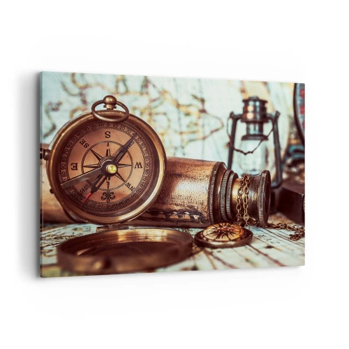 Cuadro sobre lienzo - Impresión de Imagen - Un conjunto retro con brújula, telescopio y mapa con temática de viajes. - 100x70cm - Te espera una aventura pirata en el Caribe - Decoración de pared moderna para salón y dormitorio ARTTOR
