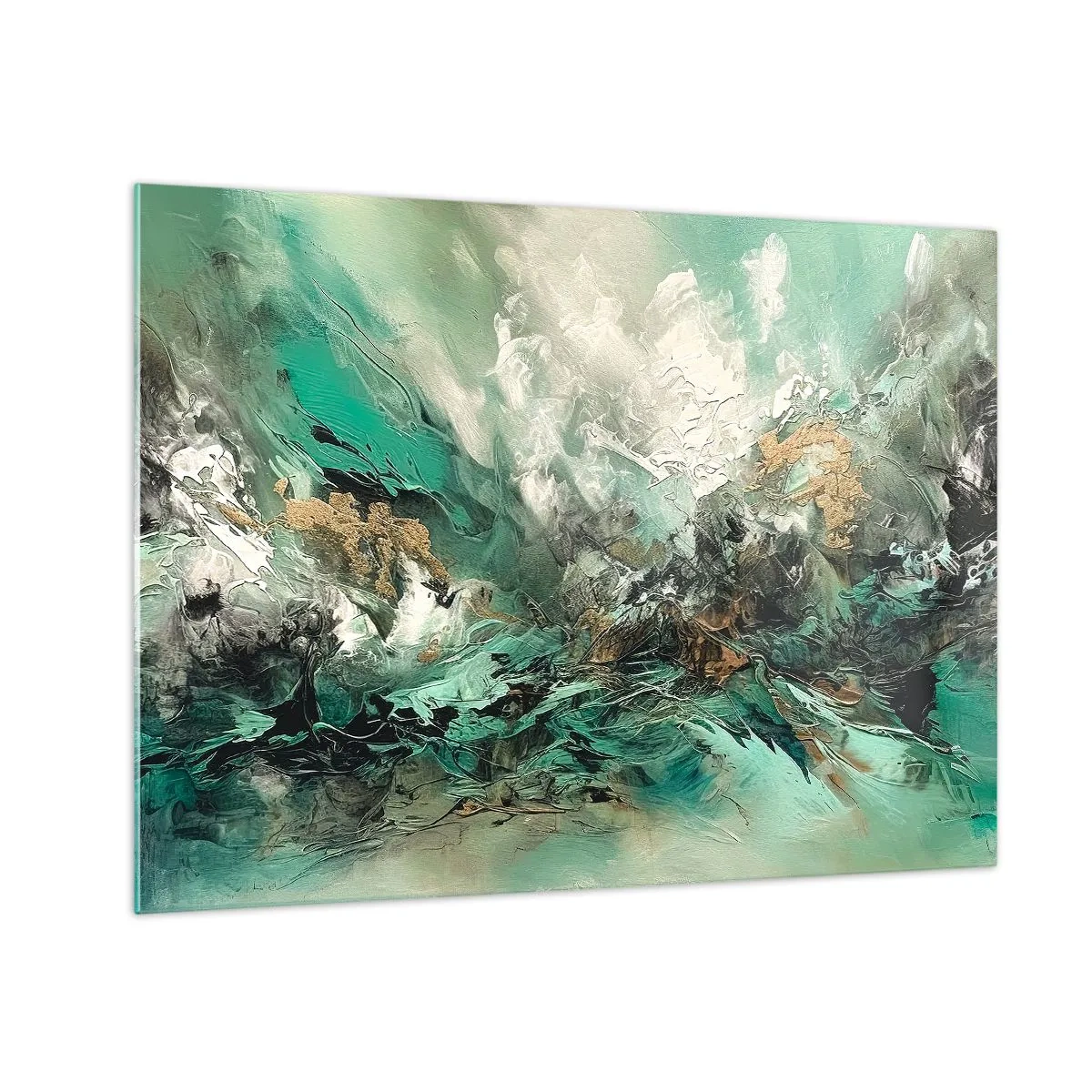 Cuadro sobre vidrio - Impresiones sobre Vidrio - Una composición abstracta en tonos esmeralda, negro y blanco. - 70x50cm - Hervor negro esmeralda - Decoración de pared moderna para salón y dormitorio ARTTOR
