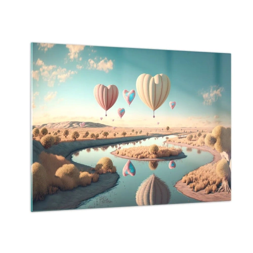 Cuadro sobre vidrio - Impresiones sobre Vidrio - Globos en forma de corazón sobre un paisaje de cuento de hadas con un río. - 70x50cm - El amor te hace volar - Decoración de pared moderna para salón y dormitorio ARTTOR