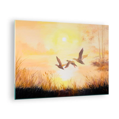Cuadro sobre vidrio - Impresiones sobre Vidrio - Tres patos volando sobre un lago al amanecer - 70x50cm - El comienzo de un largo viaje - Decoración de pared moderna para salón y dormitorio ARTTOR